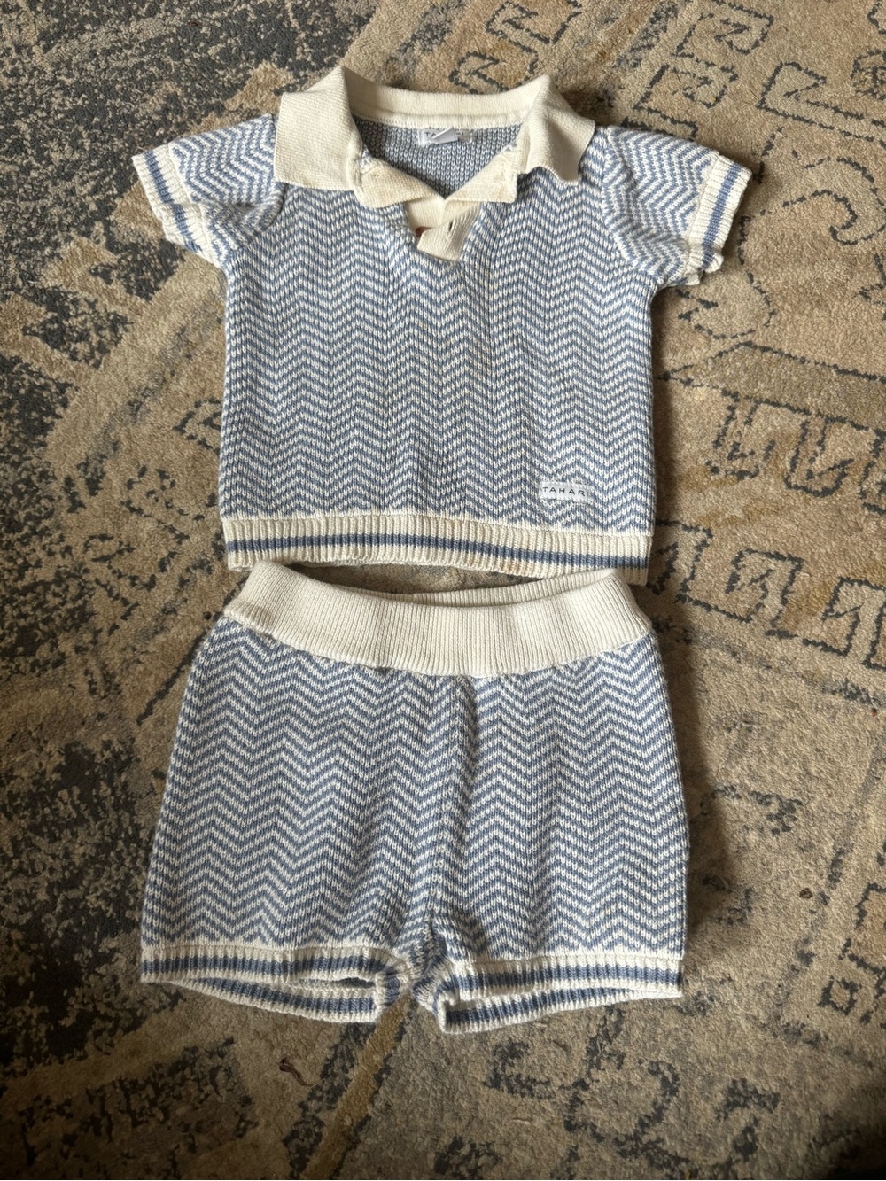 Tahari Baby Blue and Cream Knit Polo Set